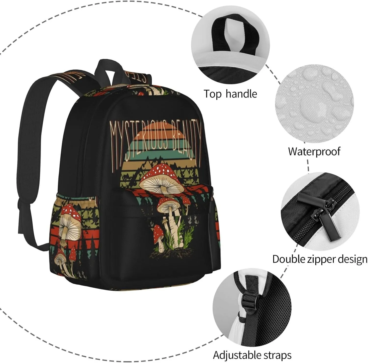 Mysterious Beauty Mushroom Wild Flowers Laptop Backpack Shoulder Bag Laptop Pack Travel Backpacks Commuter Back Pack Casual Daypack Bags With Side Pockets