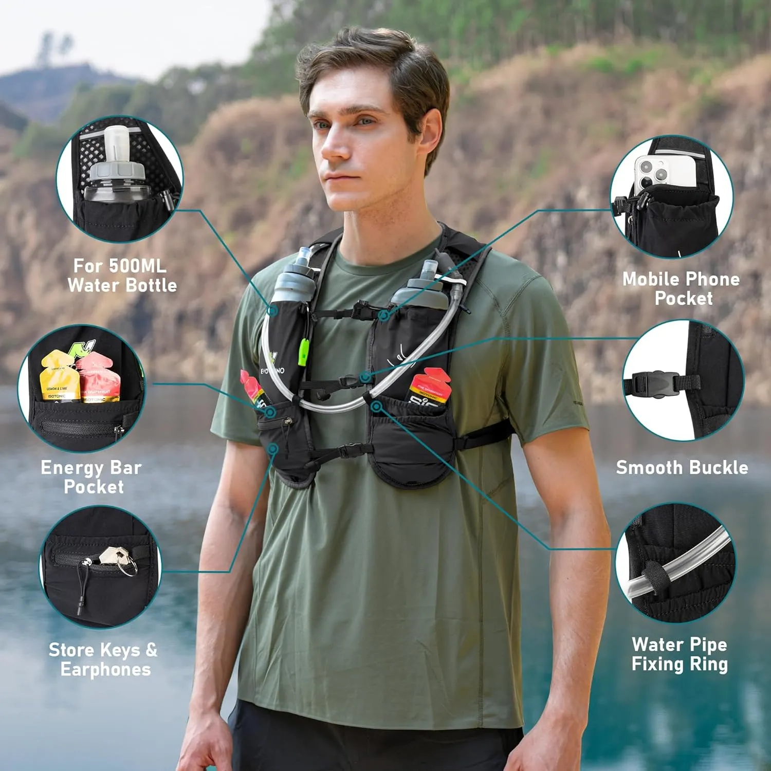 N NEVO RHINO Running Vest, Hydration Running Water Vest 5L with 1.5L Water Bladder Bag, Lightweight Hydration Pack Water Backpack Multi-Pocket for Hiking Race Trail Marathon for Women Men
