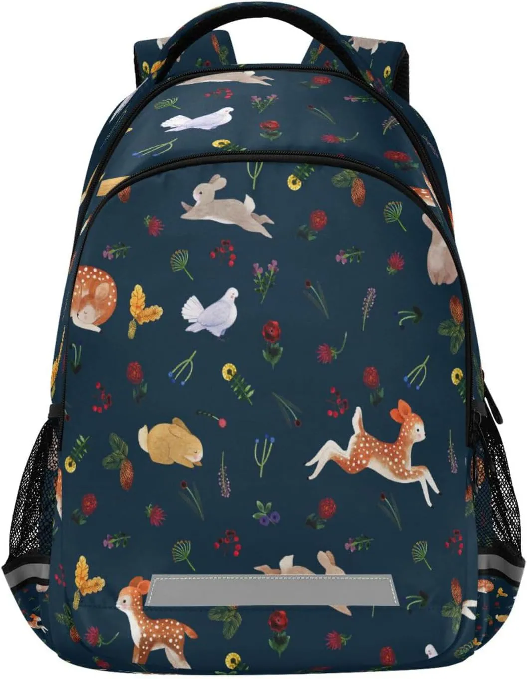 Naive Flowers Deers Bunnies Doves Kid's Backpack Backpacks for Boys Girls, 16 inch Casual Daypack Back Pack Laptop Bag Double Zipper Travel Bags with Adjustable Shoulder Strap