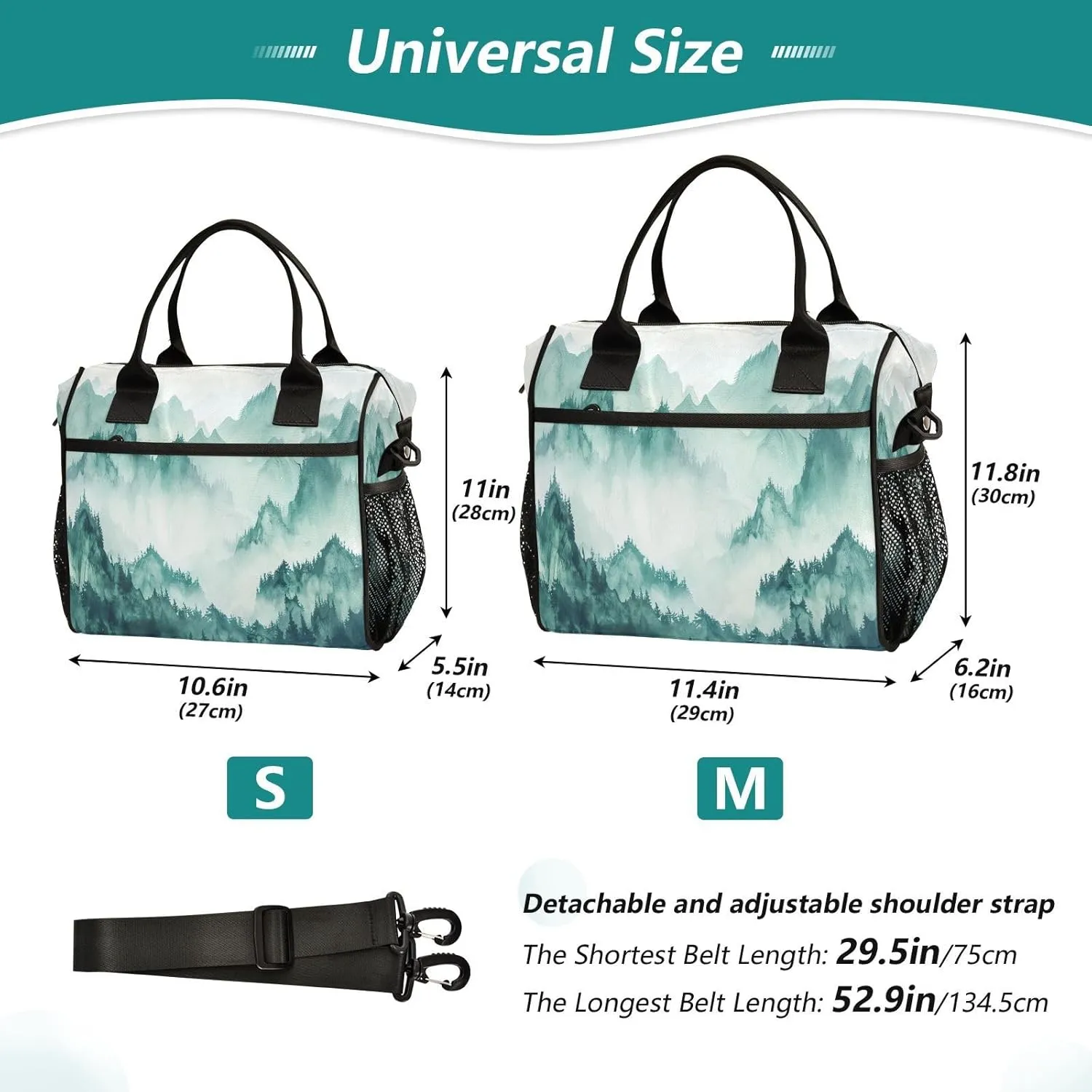 Nander Smoky Green Mountains Lunch Bag for Women,Insulated Lunch Box with Adjustable Shoulder Strap,Reusable Lunch Tote Bag for Work,Picnic,Camping-S