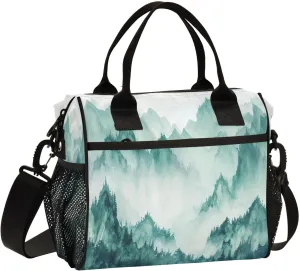 Nander Smoky Green Mountains Lunch Bag for Women,Insulated Lunch Box with Adjustable Shoulder Strap,Reusable Lunch Tote Bag for Work,Picnic,Camping-S