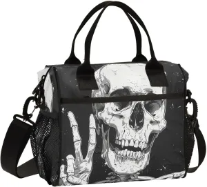 Nander Victory Gesture Skull Lunch Bag for Women,Insulated Lunch Box with Adjustable Shoulder Strap,Reusable Lunch Tote Bag for Work,Picnic,Camping-S