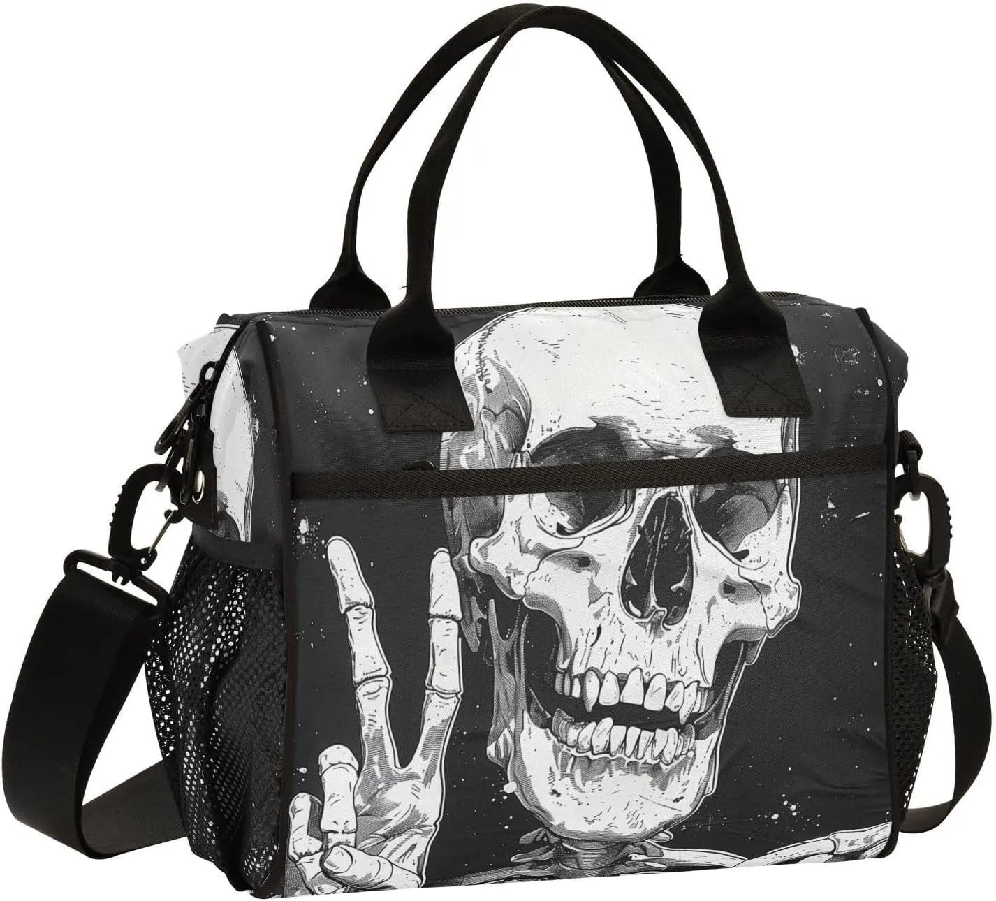 Nander Victory Gesture Skull Lunch Bag for Women,Insulated Lunch Box with Adjustable Shoulder Strap,Reusable Lunch Tote Bag for Work,Picnic,Camping-S