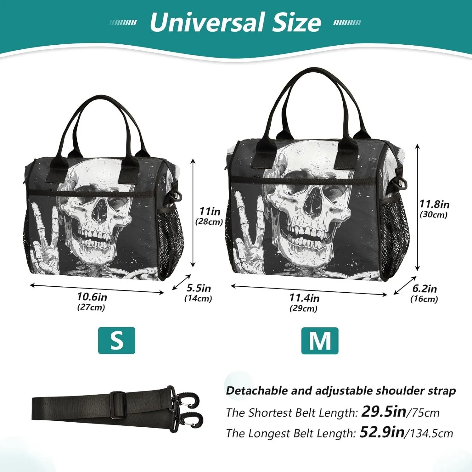 Nander Victory Gesture Skull Lunch Bag for Women,Insulated Lunch Box with Adjustable Shoulder Strap,Reusable Lunch Tote Bag for Work,Picnic,Camping-S