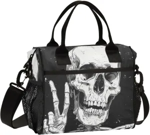 Nander Victory Gesture Skull Lunch Bag for Women,Insulated Lunch Box with Adjustable Shoulder Strap,Reusable Lunch Tote Bag for Work,Picnic,Camping-S