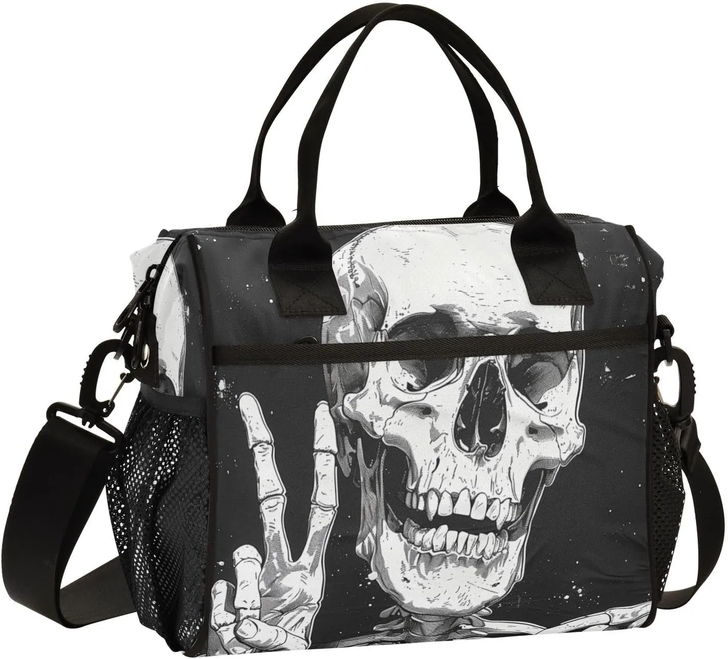Nander Victory Gesture Skull Lunch Bag for Women,Insulated Lunch Box with Adjustable Shoulder Strap,Reusable Lunch Tote Bag for Work,Picnic,Camping-S