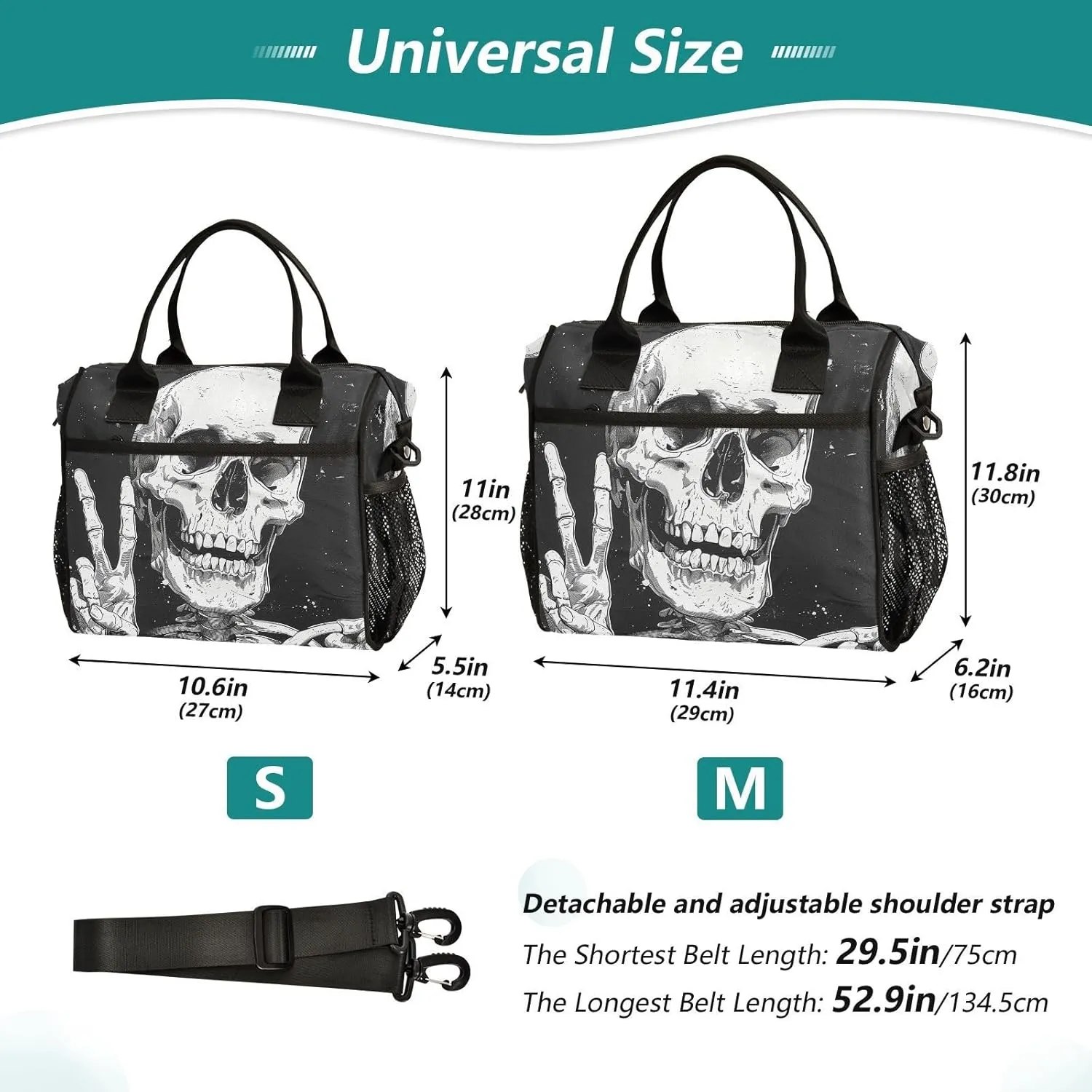 Nander Victory Gesture Skull Lunch Bag for Women,Insulated Lunch Box with Adjustable Shoulder Strap,Reusable Lunch Tote Bag for Work,Picnic,Camping-S
