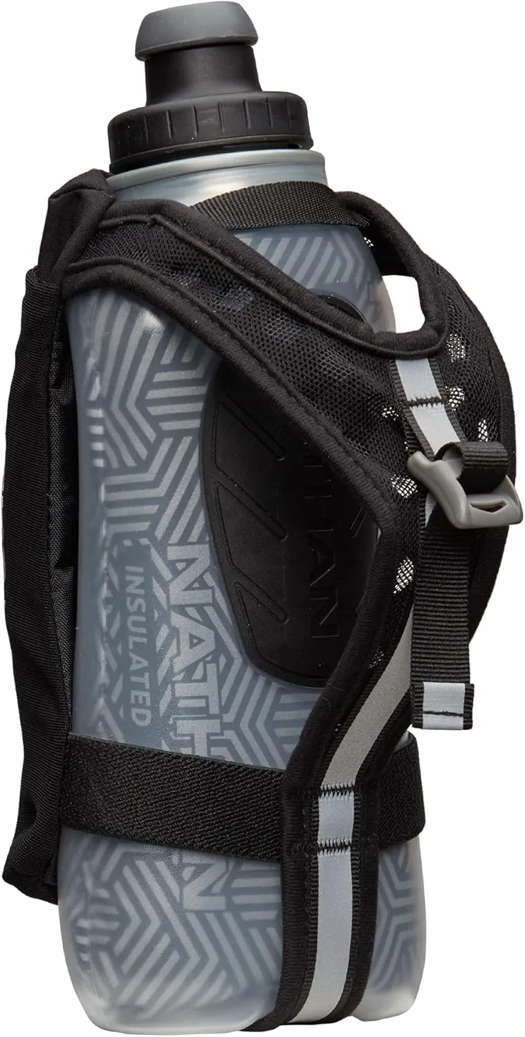 Nathan Insulated Handheld Flask 18oz - Double-Wall Insulation - Ergonomic Grip with Blast Valve Cap - Secure Pockets for Phone/Keys - Reflective - Ideal for Running, SpeedDraw 2, Black