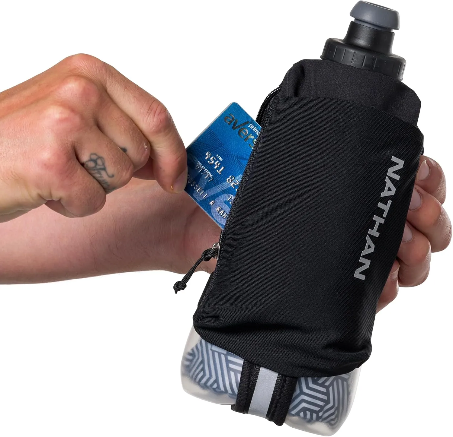 Nathan Insulated Handheld Flask 18oz - Double-Wall Insulation - Ergonomic Grip with Blast Valve Cap - Secure Pockets for Phone/Keys - Reflective - Ideal for Running, SpeedDraw 2, Black