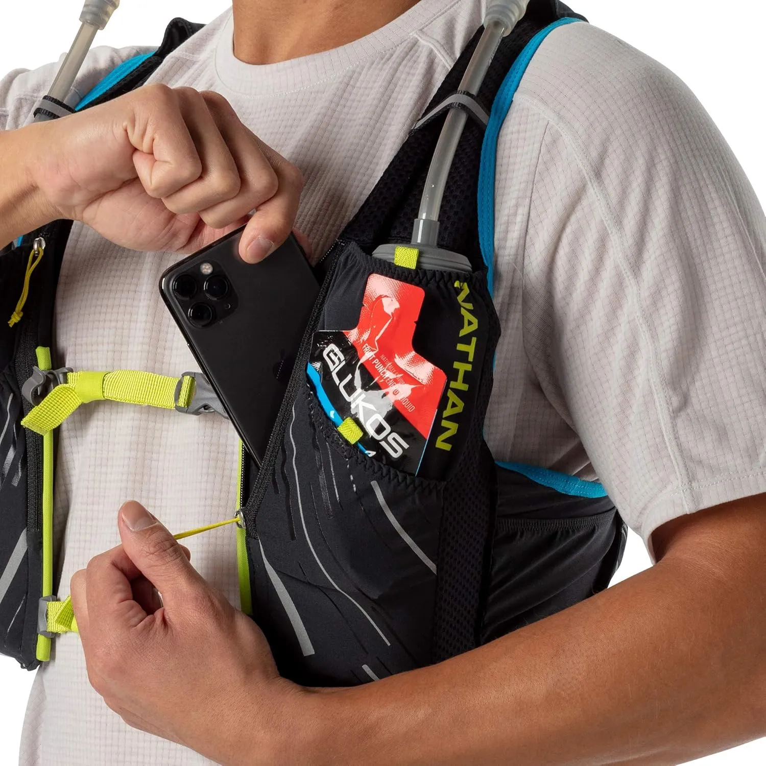 Nathan Men's Pinnacle 12L Hydration Race Vest with 4L Hydration Pack. Two 20oz Hydration Soft Flask, Water-Resistant Pockets, Lightweight & Moisture Wicking