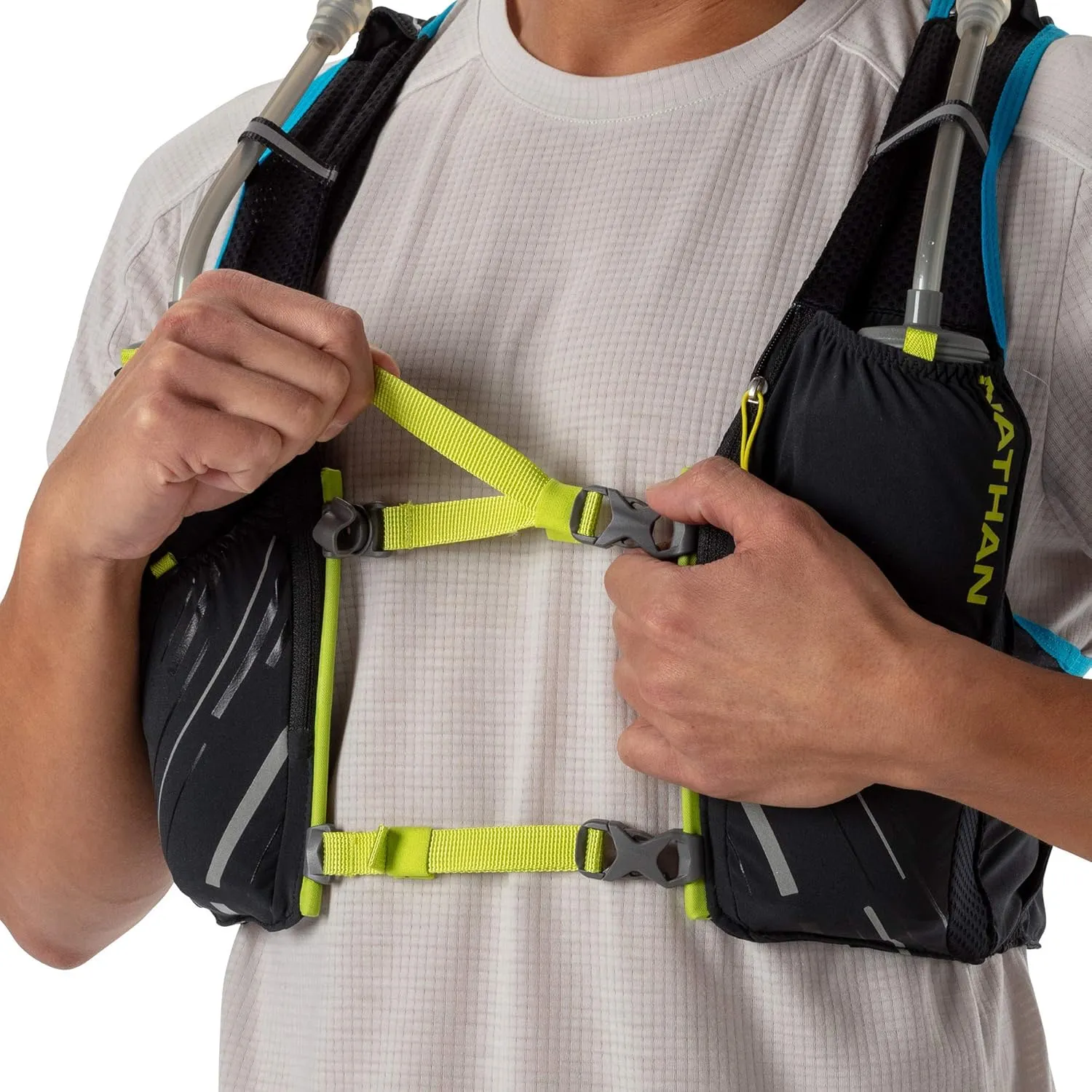 Nathan Men's Pinnacle 12L Hydration Race Vest with 4L Hydration Pack. Two 20oz Hydration Soft Flask, Water-Resistant Pockets, Lightweight & Moisture Wicking