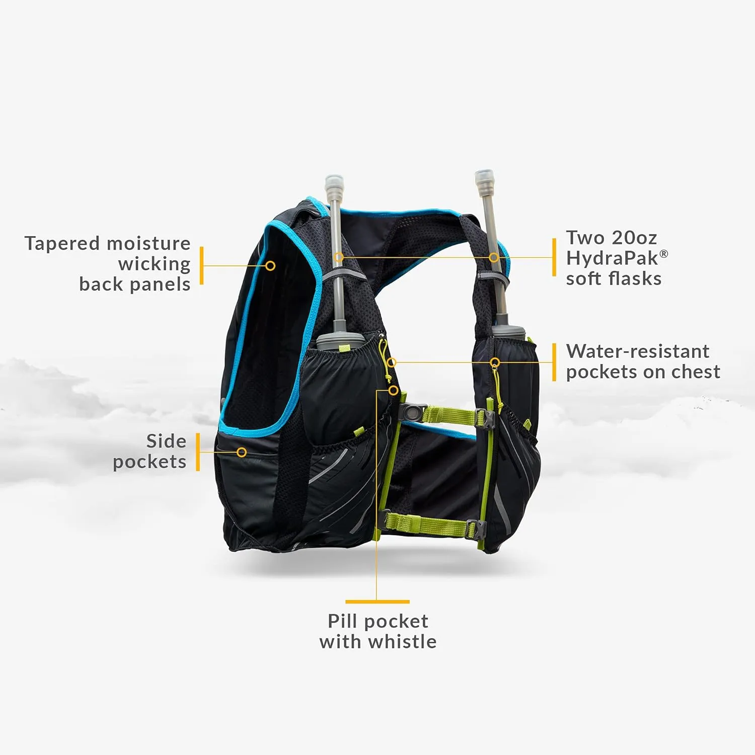 Nathan Men's Pinnacle 12L Hydration Race Vest with 4L Hydration Pack. Two 20oz Hydration Soft Flask, Water-Resistant Pockets, Lightweight & Moisture Wicking