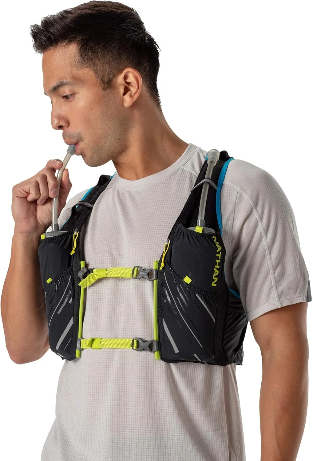 Nathan Men's Pinnacle 12L Hydration Race Vest with 4L Hydration Pack. Two 20oz Hydration Soft Flask, Water-Resistant Pockets, Lightweight & Moisture Wicking