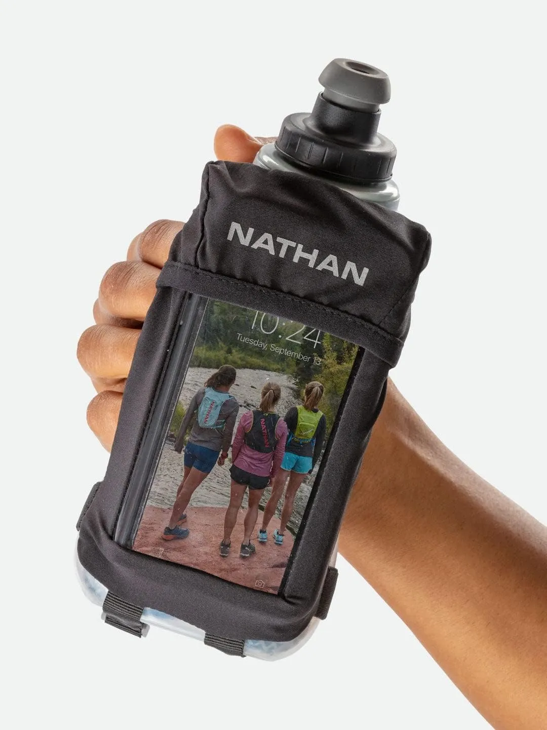Nathan Running Handheld Quick Squeeze Water Bottle. No-Grip Adjustable Hand Strap. 12oz / 18oz / Insulated. Reflective Hydration Water Bottle.