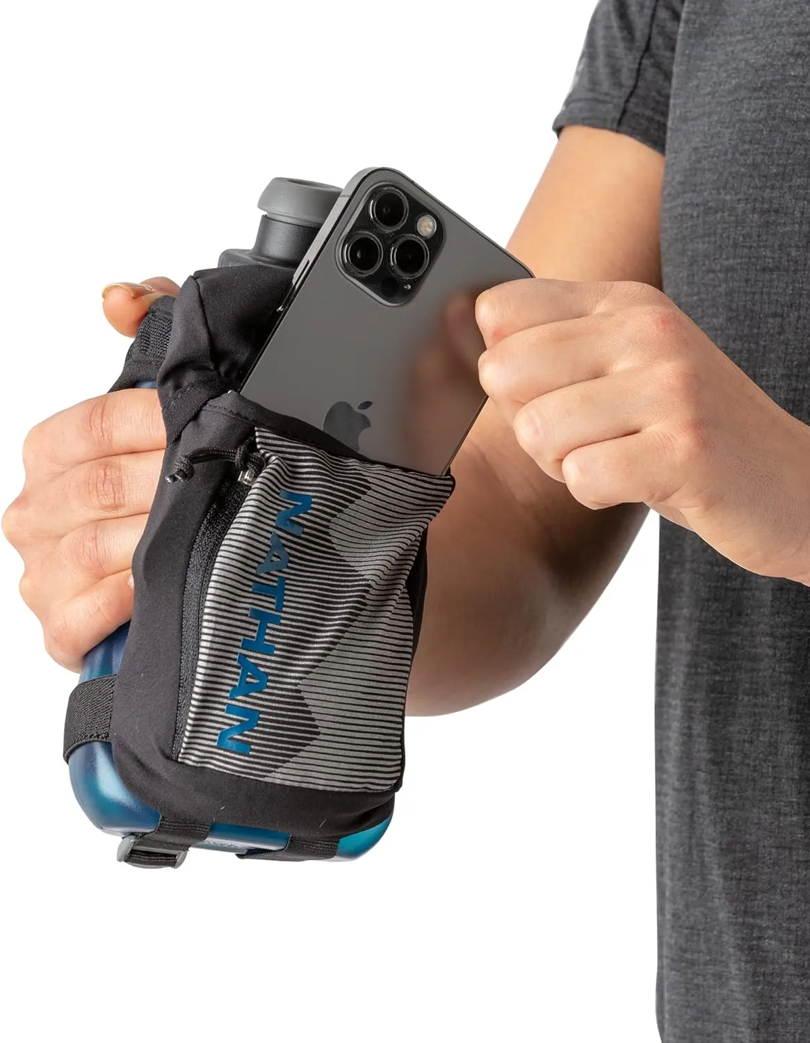 Nathan Running Handheld Quick Squeeze Water Bottle. No-Grip Adjustable Hand Strap. 12oz / 18oz / Insulated. Reflective Hydration Water Bottle.