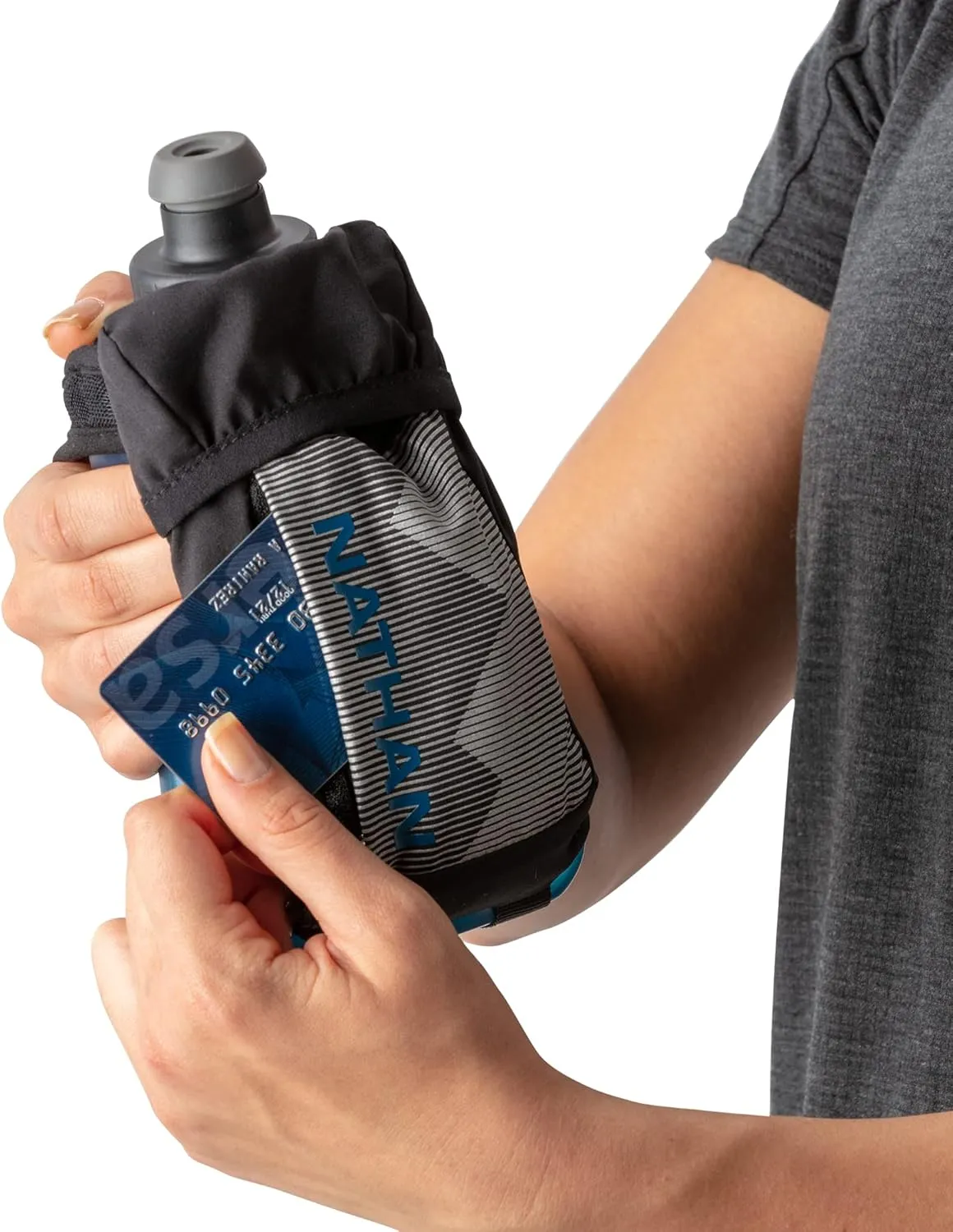 Nathan Running Handheld Quick Squeeze Water Bottle. No-Grip Adjustable Hand Strap. 12oz / 18oz / Insulated. Reflective Hydration Water Bottle.