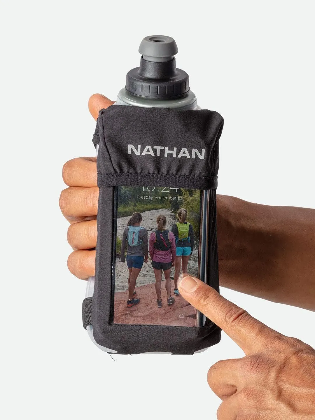 Nathan Running Handheld Quick Squeeze Water Bottle. No-Grip Adjustable Hand Strap. 12oz / 18oz / Insulated. Reflective Hydration Water Bottle.