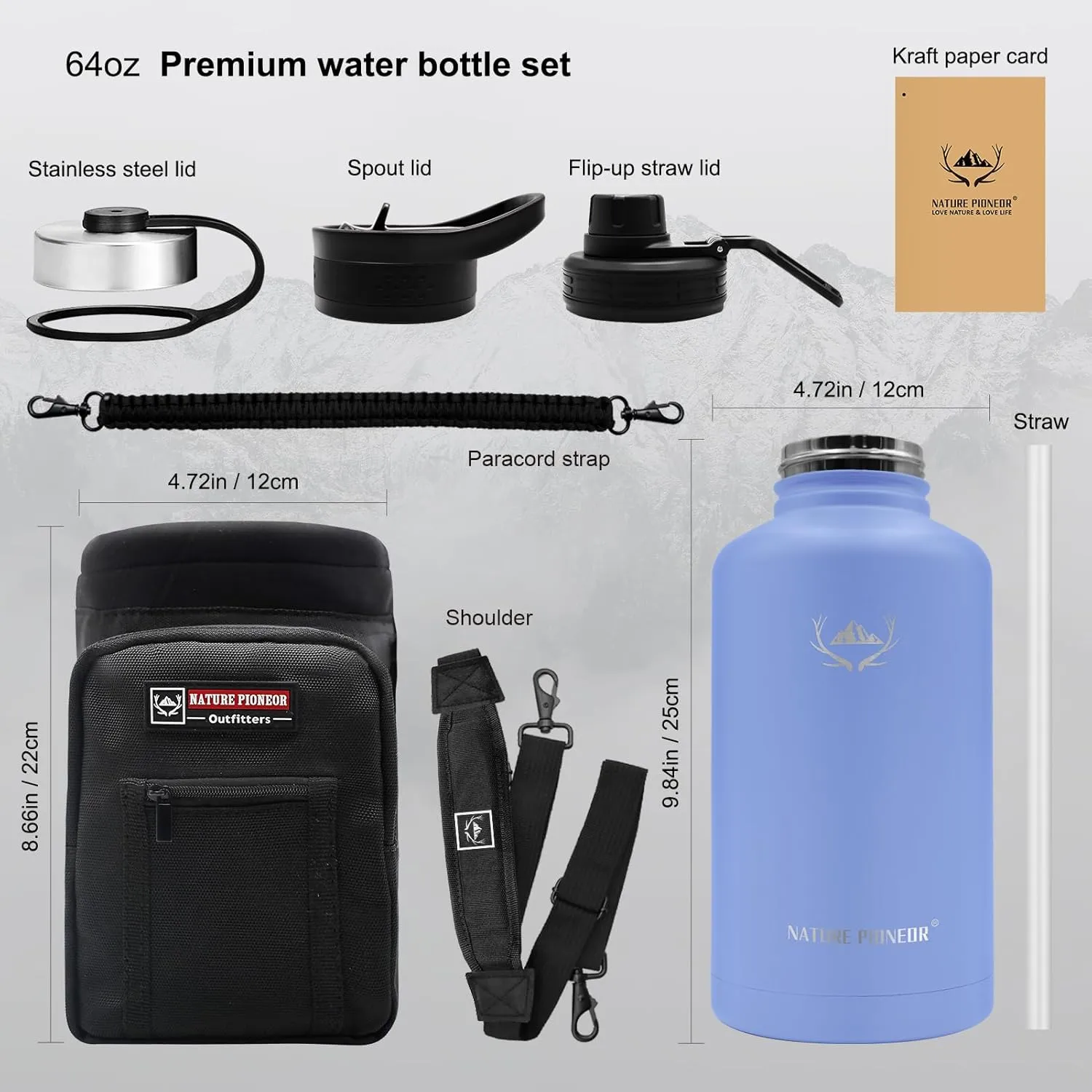 NATURE PIONEOR Insulated Water Bottles with Straw - 64oz Stainless Steel Vacuum Bottle with Holder/Carrier/Sleeve - Reusable 18/8 Food Grade Thermos Water Jug