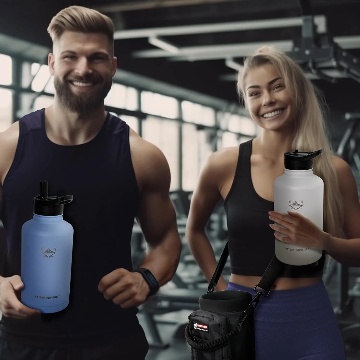 NATURE PIONEOR Insulated Water Bottles with Straw - 64oz Stainless Steel Vacuum Bottle with Holder/Carrier/Sleeve - Reusable 18/8 Food Grade Thermos Water Jug