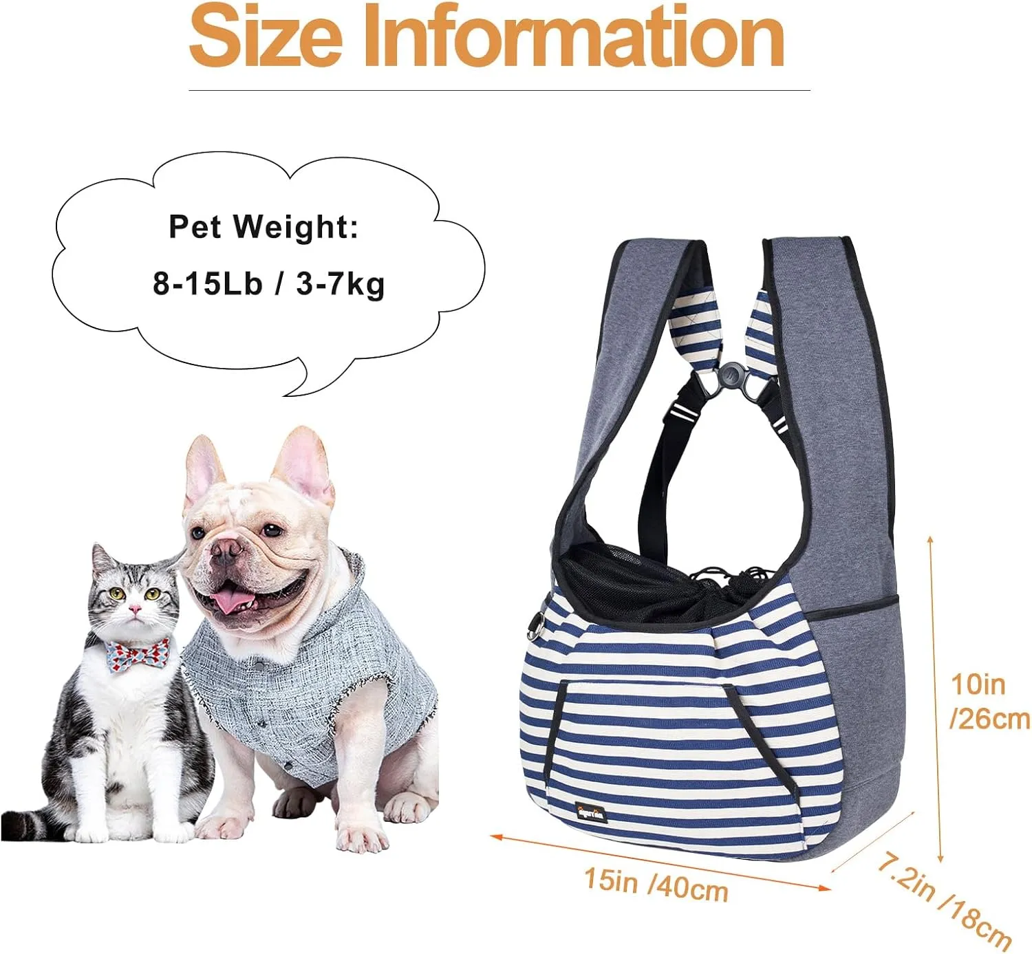 NATUYA Dog Sling Carrier Puppy Carrier, Adjustable Pet Front Sling Carrier Travel Bag with Bottom Pad, Pet Carrier for Small Dog Cat Puppy Traveling Hiking Camping (Bule Strip, 8-15 lb)