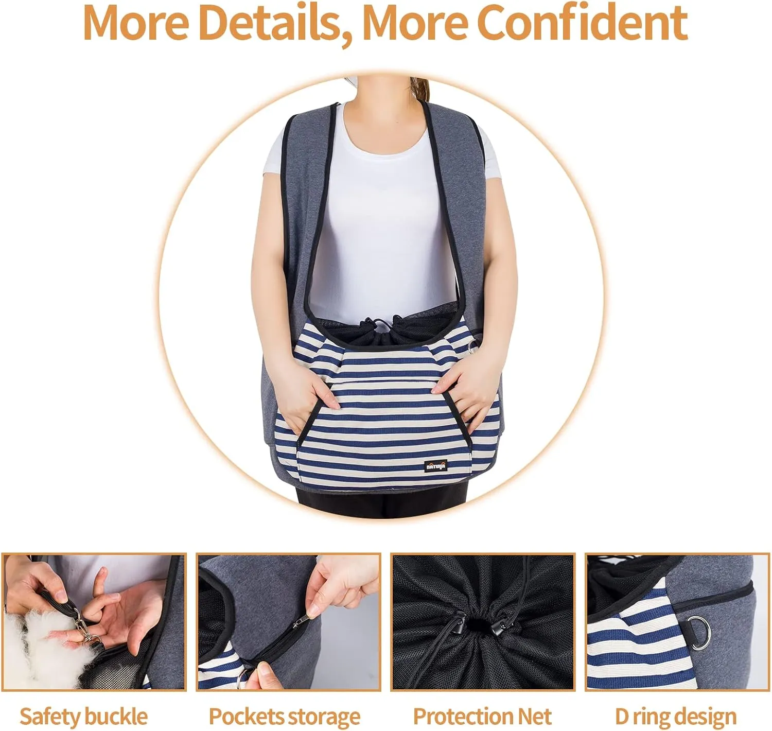 NATUYA Dog Sling Carrier Puppy Carrier, Adjustable Pet Front Sling Carrier Travel Bag with Bottom Pad, Pet Carrier for Small Dog Cat Puppy Traveling Hiking Camping (Bule Strip, 8-15 lb)