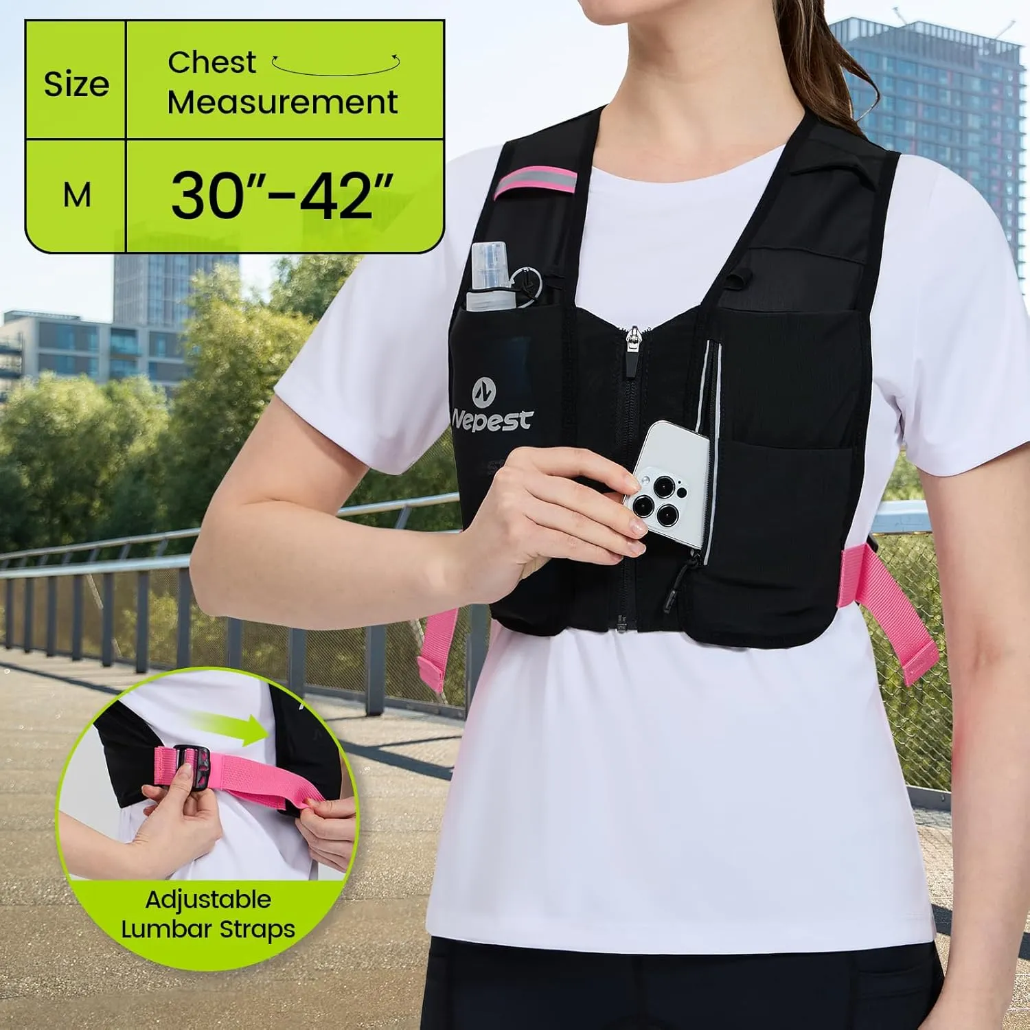 Nepest Running Vest for Women & Men, Cycling Hydration Vest with 500ml Soft Flask , Reflective Vest with Stretch Fit Fabric