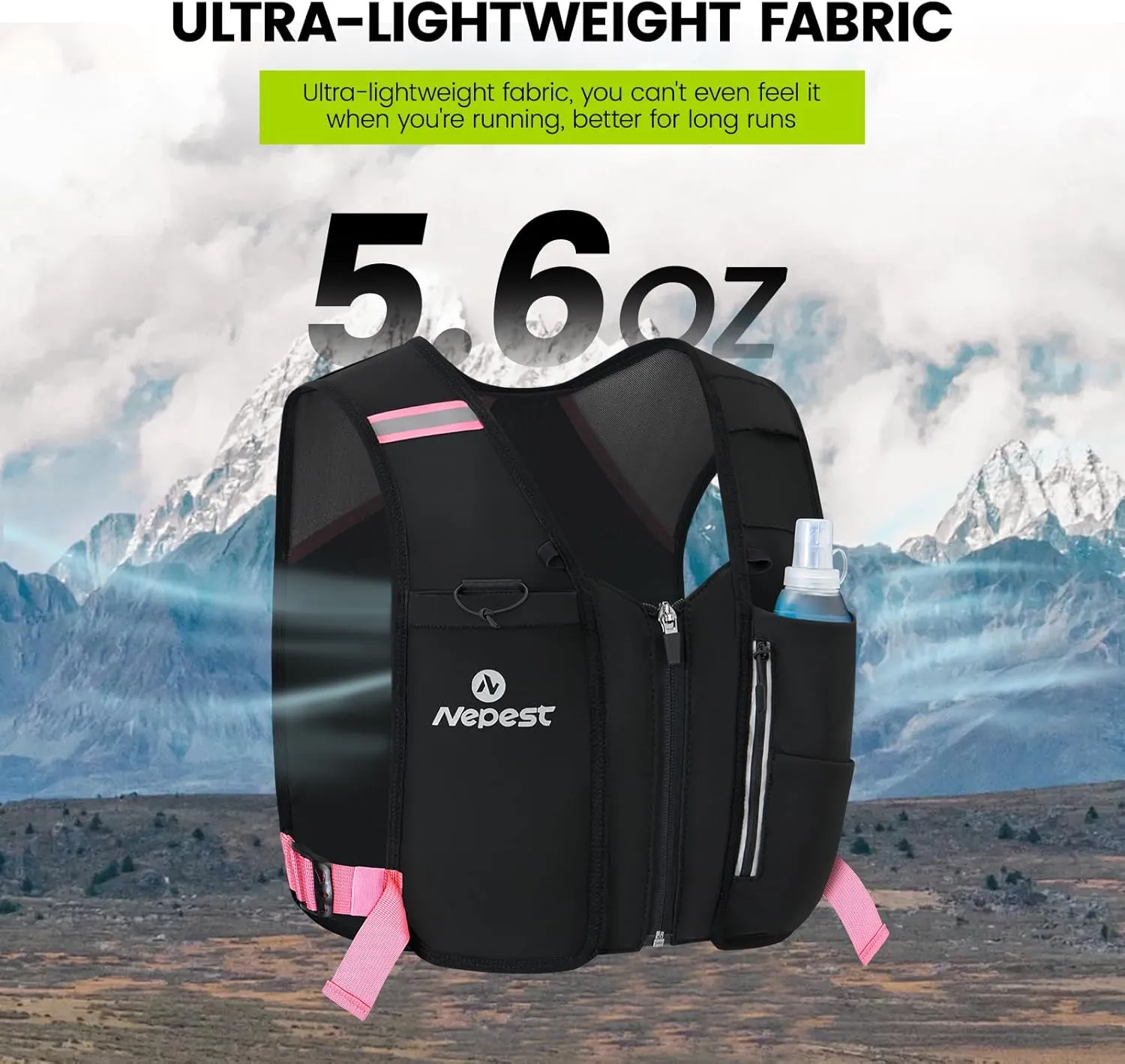Nepest Running Vest for Women & Men, Cycling Hydration Vest with 500ml Soft Flask , Reflective Vest with Stretch Fit Fabric
