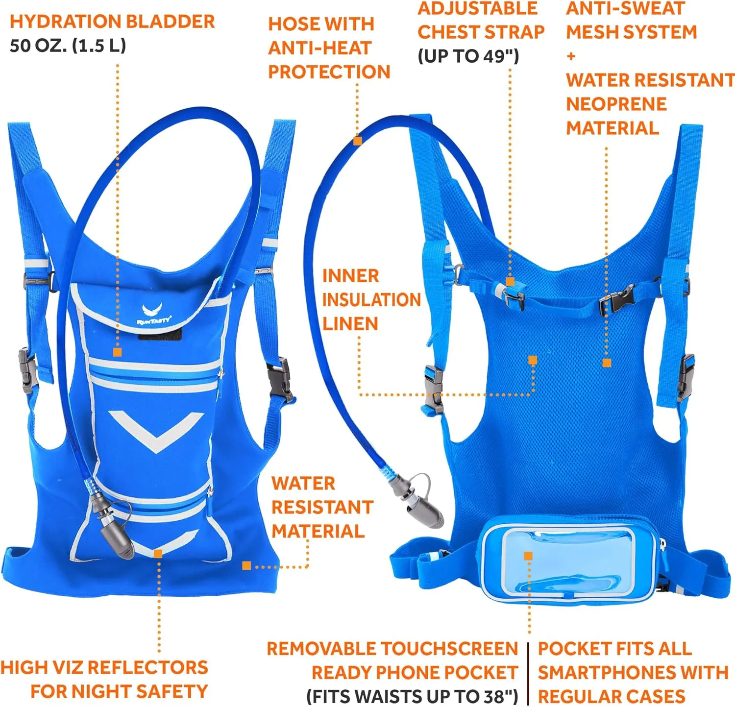 New Running Hydration Backpack Vest - w/50 oz Water Bladder Reservoir & Touchscreen Ready Phone Pocket - 360° Reflective & Water Resistant - Ideal for Hiking, Climbing, Cycling, Raves!