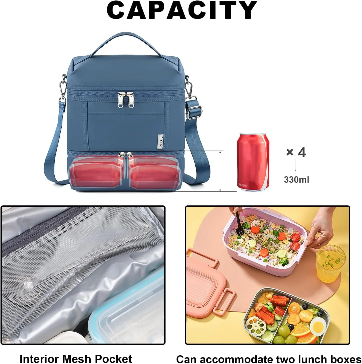 NOL Dual Compartment Insulated Lunch Bag Leakproof Cooler Tote Bag for Adults Lightweight Nylon Waterproof Lunch Box with Adjustable Shoulder Strap for Work, Dusty blue