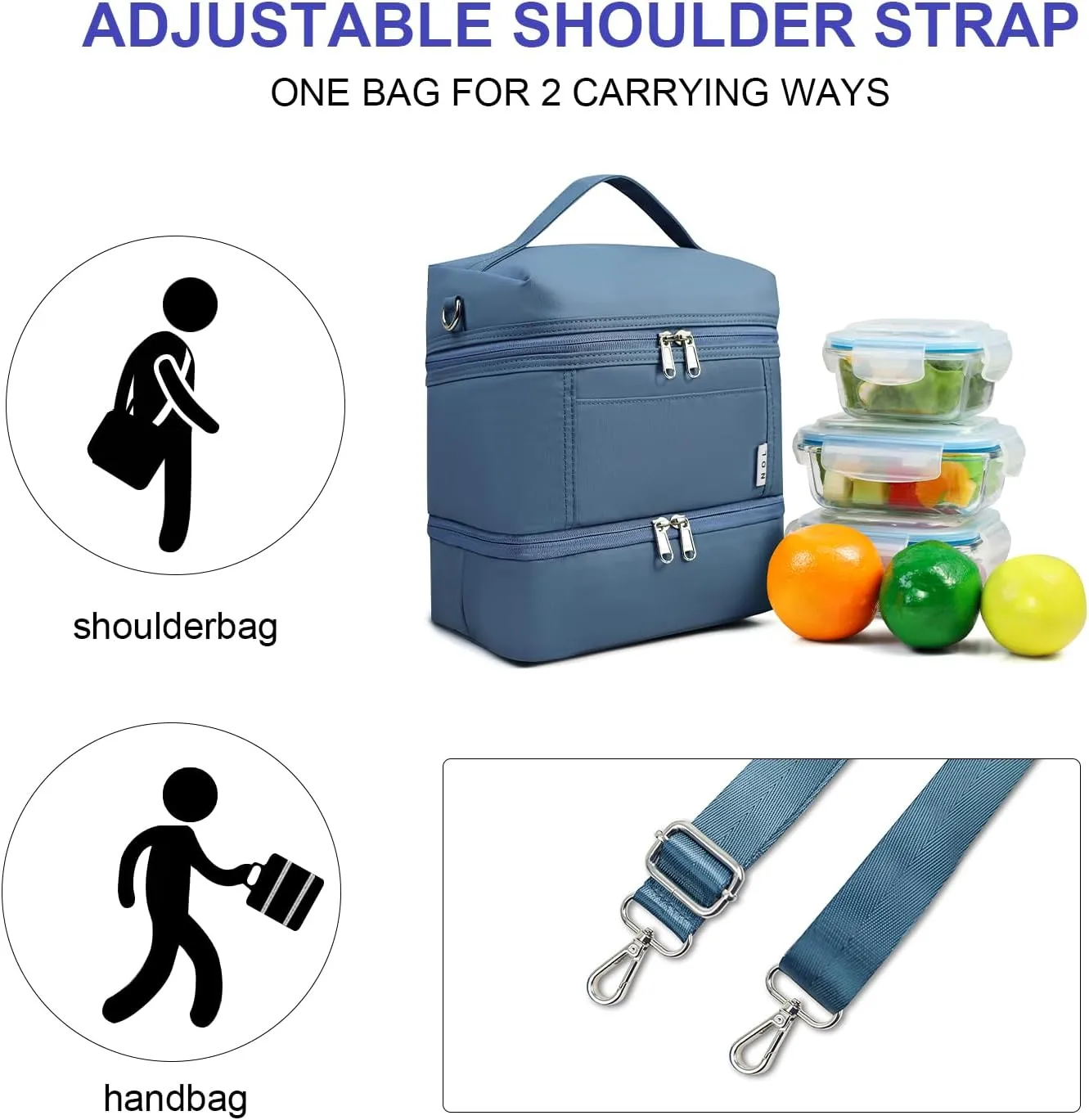 NOL Dual Compartment Insulated Lunch Bag Leakproof Cooler Tote Bag for Adults Lightweight Nylon Waterproof Lunch Box with Adjustable Shoulder Strap for Work, Dusty blue
