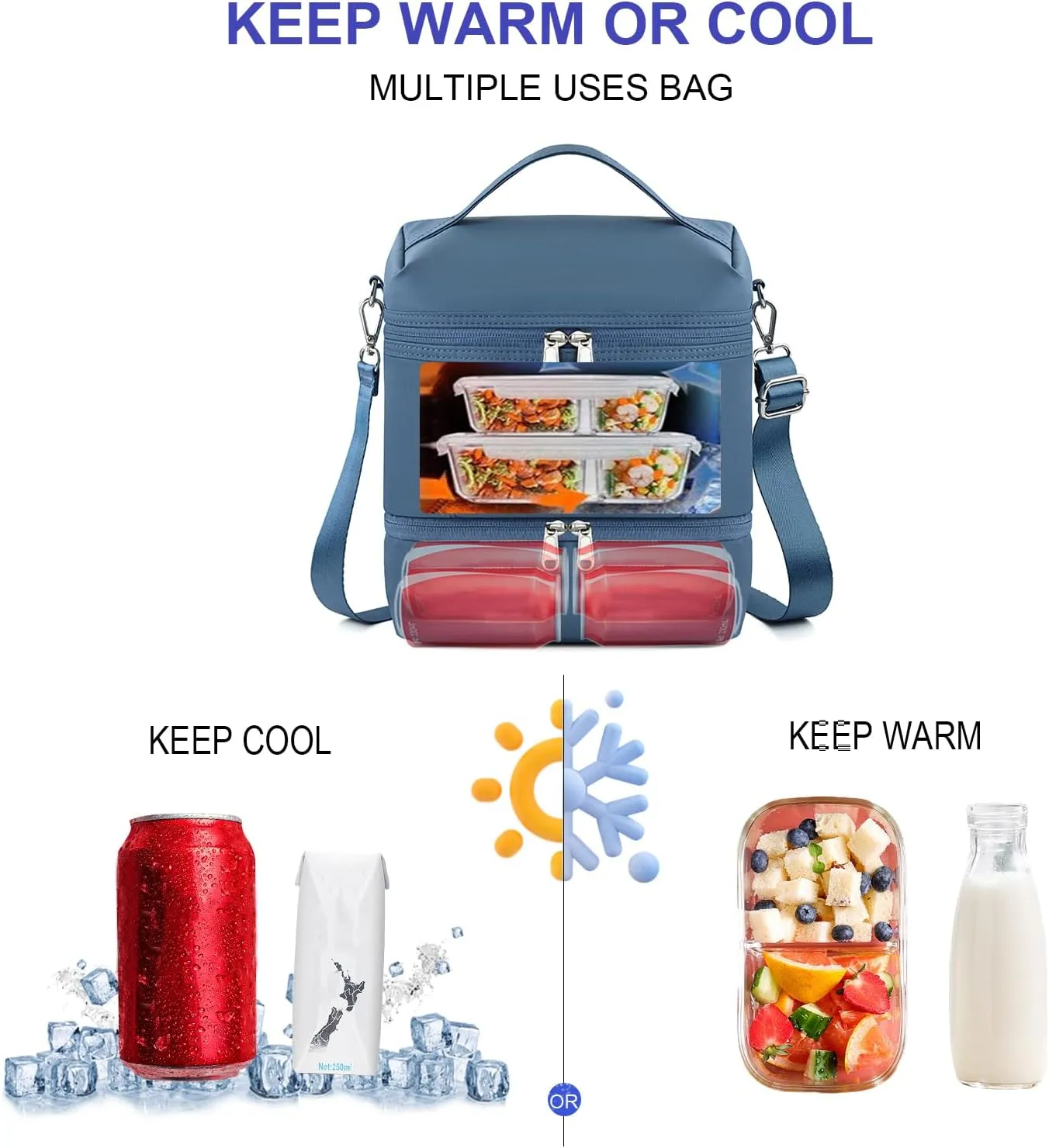 NOL Dual Compartment Insulated Lunch Bag Leakproof Cooler Tote Bag for Adults Lightweight Nylon Waterproof Lunch Box with Adjustable Shoulder Strap for Work, Dusty blue