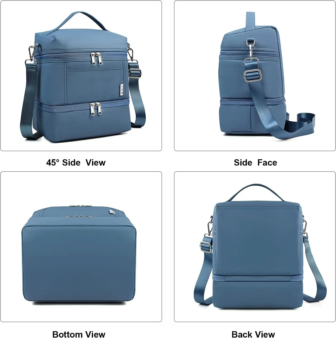 NOL Dual Compartment Insulated Lunch Bag Leakproof Cooler Tote Bag for Adults Lightweight Nylon Waterproof Lunch Box with Adjustable Shoulder Strap for Work, Dusty blue
