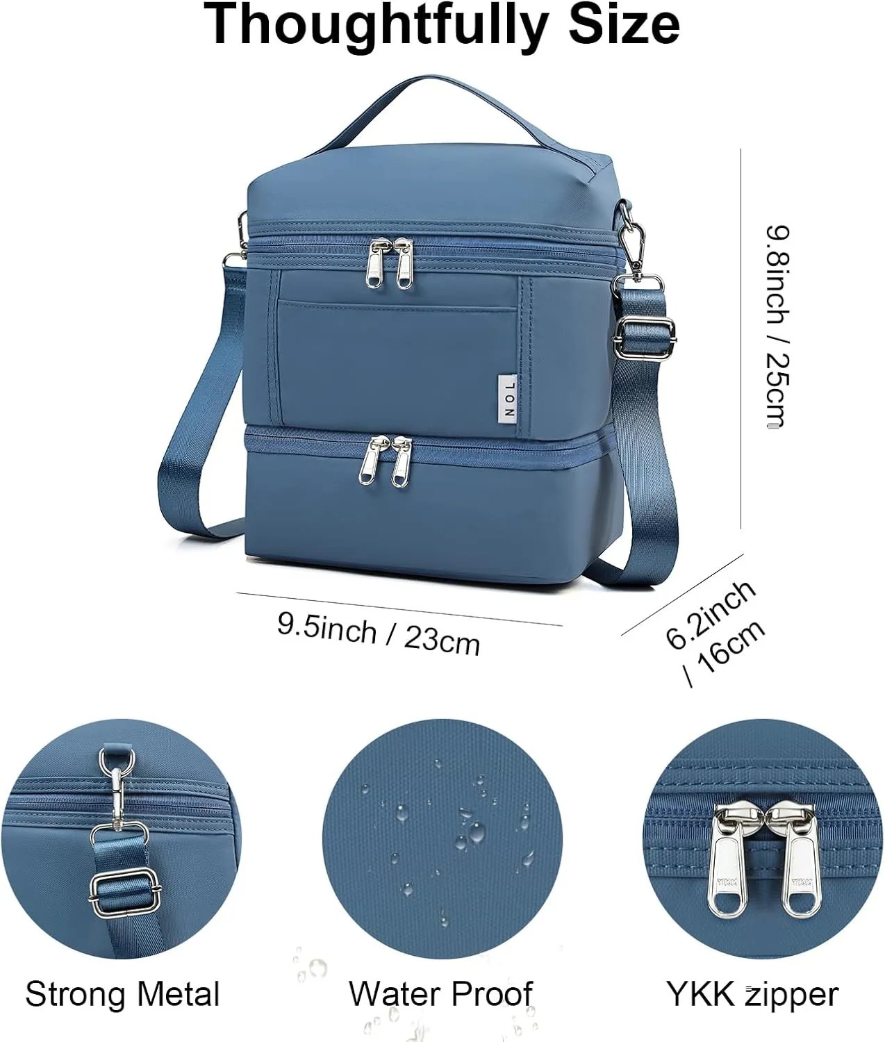 NOL Dual Compartment Insulated Lunch Bag Leakproof Cooler Tote Bag for Adults Lightweight Nylon Waterproof Lunch Box with Adjustable Shoulder Strap for Work, Dusty blue