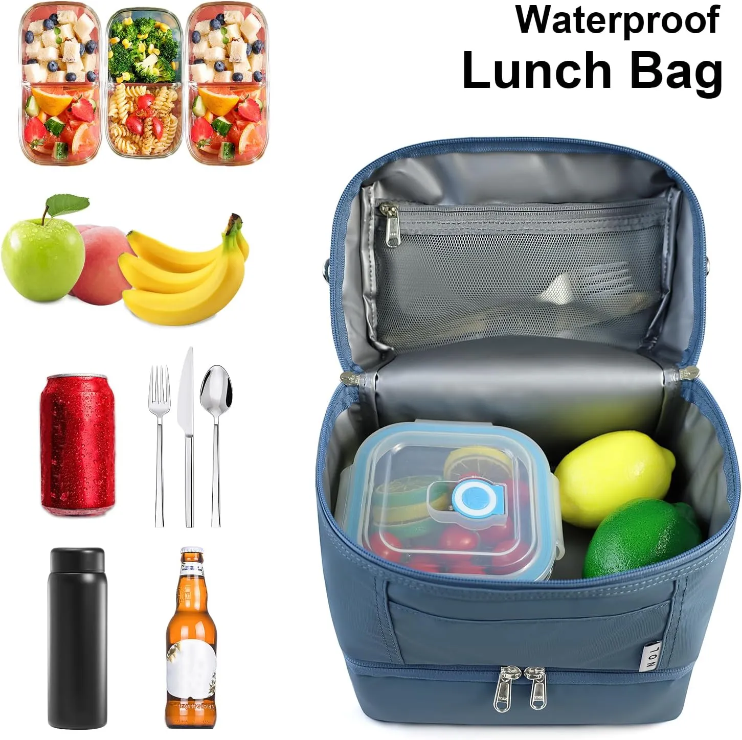 NOL Dual Compartment Insulated Lunch Bag Leakproof Cooler Tote Bag for Adults Lightweight Nylon Waterproof Lunch Box with Adjustable Shoulder Strap for Work, Dusty blue