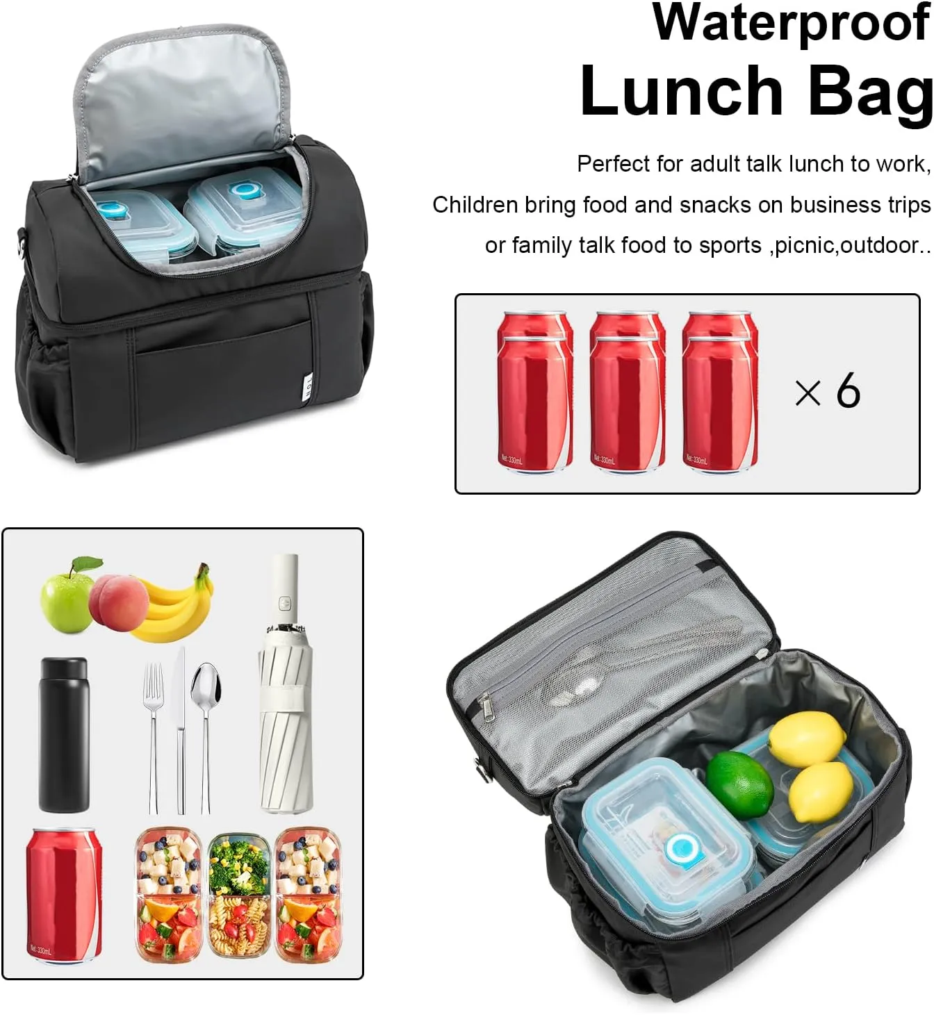 NOL Natural Organic Lifestyle Adult Lunch Box Insulated Lunch Bag Large Dual Compartment Lunch Bag Coolers Lightweight Nylon Waterproof Lunch Box for Work, Picnic, Travel, Outdoors, Black