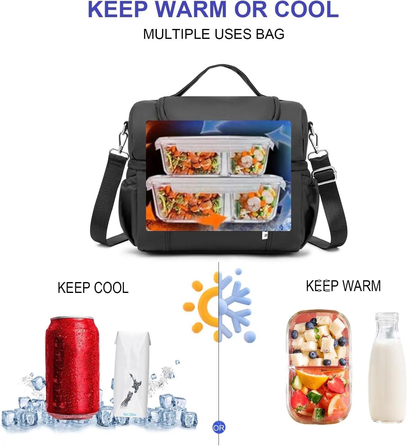 NOL Natural Organic Lifestyle Adult Lunch Box Insulated Lunch Bag Large Dual Compartment Lunch Bag Coolers Lightweight Nylon Waterproof Lunch Box for Work, Picnic, Travel, Outdoors, Black
