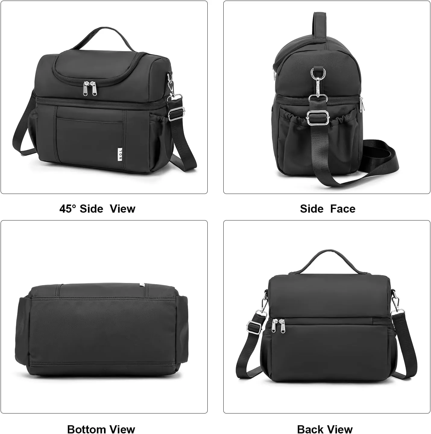 NOL Natural Organic Lifestyle Adult Lunch Box Insulated Lunch Bag Large Dual Compartment Lunch Bag Coolers Lightweight Nylon Waterproof Lunch Box for Work, Picnic, Travel, Outdoors, Black