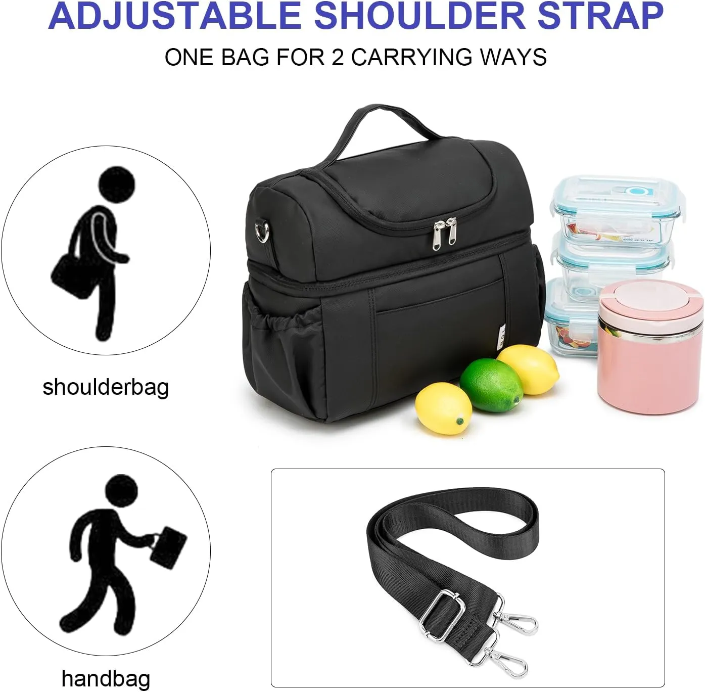 NOL Natural Organic Lifestyle Adult Lunch Box Insulated Lunch Bag Large Dual Compartment Lunch Bag Coolers Lightweight Nylon Waterproof Lunch Box for Work, Picnic, Travel, Outdoors, Black