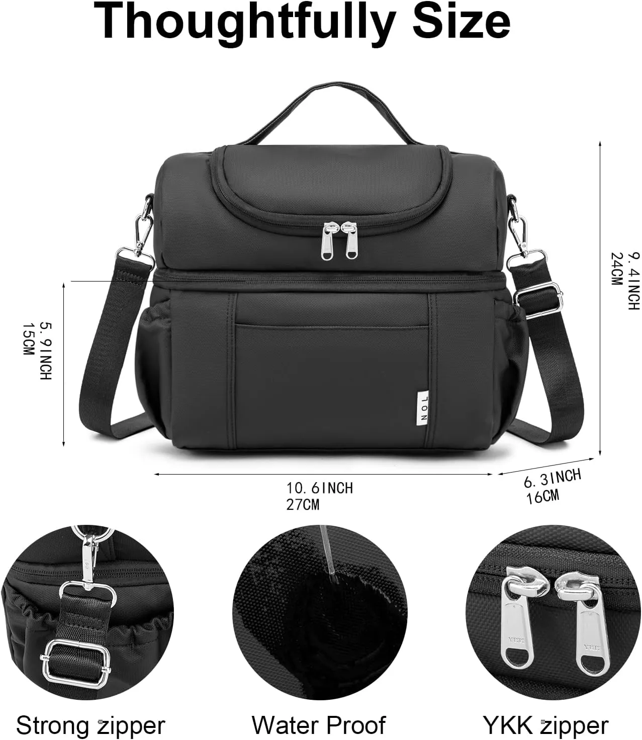 NOL Natural Organic Lifestyle Adult Lunch Box Insulated Lunch Bag Large Dual Compartment Lunch Bag Coolers Lightweight Nylon Waterproof Lunch Box for Work, Picnic, Travel, Outdoors, Black