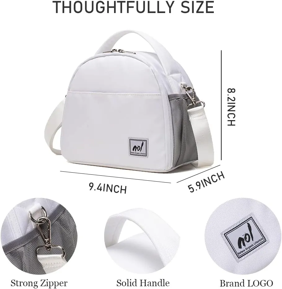 NOL Natural Organic Lifestyle Lunch Bag Insulated Cooler Bag for Women Nylon Waterproof Lightweight Lunch Box Organiser (White)