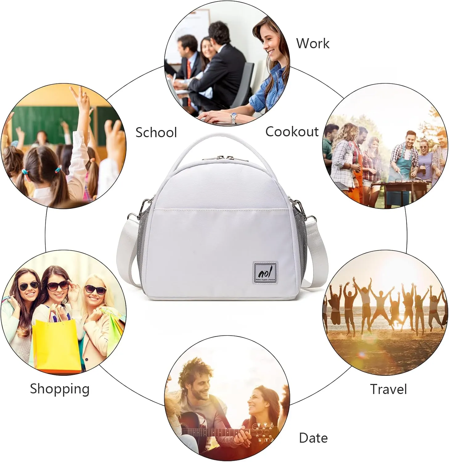 NOL Natural Organic Lifestyle Lunch Bag Insulated Cooler Bag for Women Nylon Waterproof Lightweight Lunch Box Organiser (White)