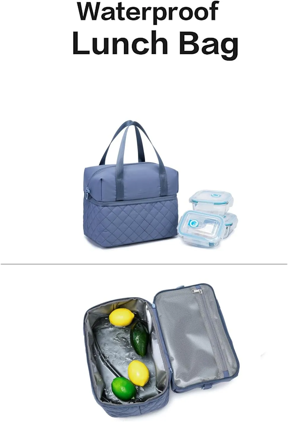 NOL Natural Organic Lifestyle Women Reusable Lunch Bag Leakproof Medium Insulated Nylon Cooler Bag with Detachable Strap (Dusty blue)