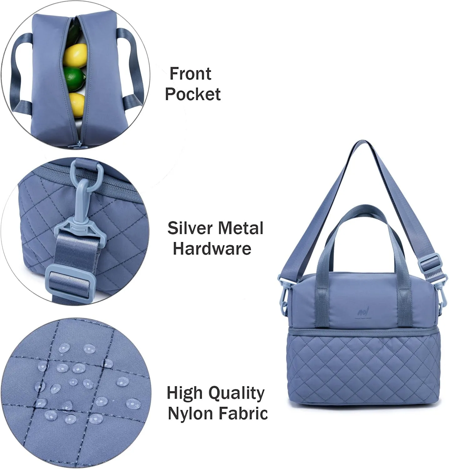 NOL Natural Organic Lifestyle Women Reusable Lunch Bag Leakproof Medium Insulated Nylon Cooler Bag with Detachable Strap (Dusty blue)