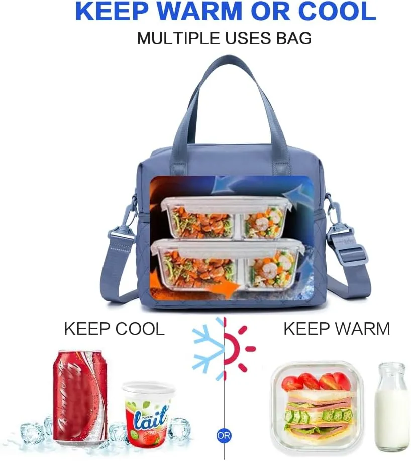 NOL Natural Organic Lifestyle Women Reusable Lunch Bag Leakproof Medium Insulated Nylon Cooler Bag with Detachable Strap (Dusty blue)