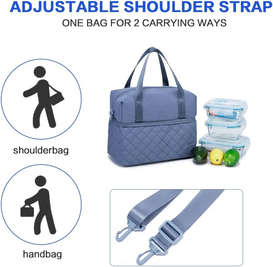 NOL Natural Organic Lifestyle Women Reusable Lunch Bag Leakproof Medium Insulated Nylon Cooler Bag with Detachable Strap (Dusty blue)