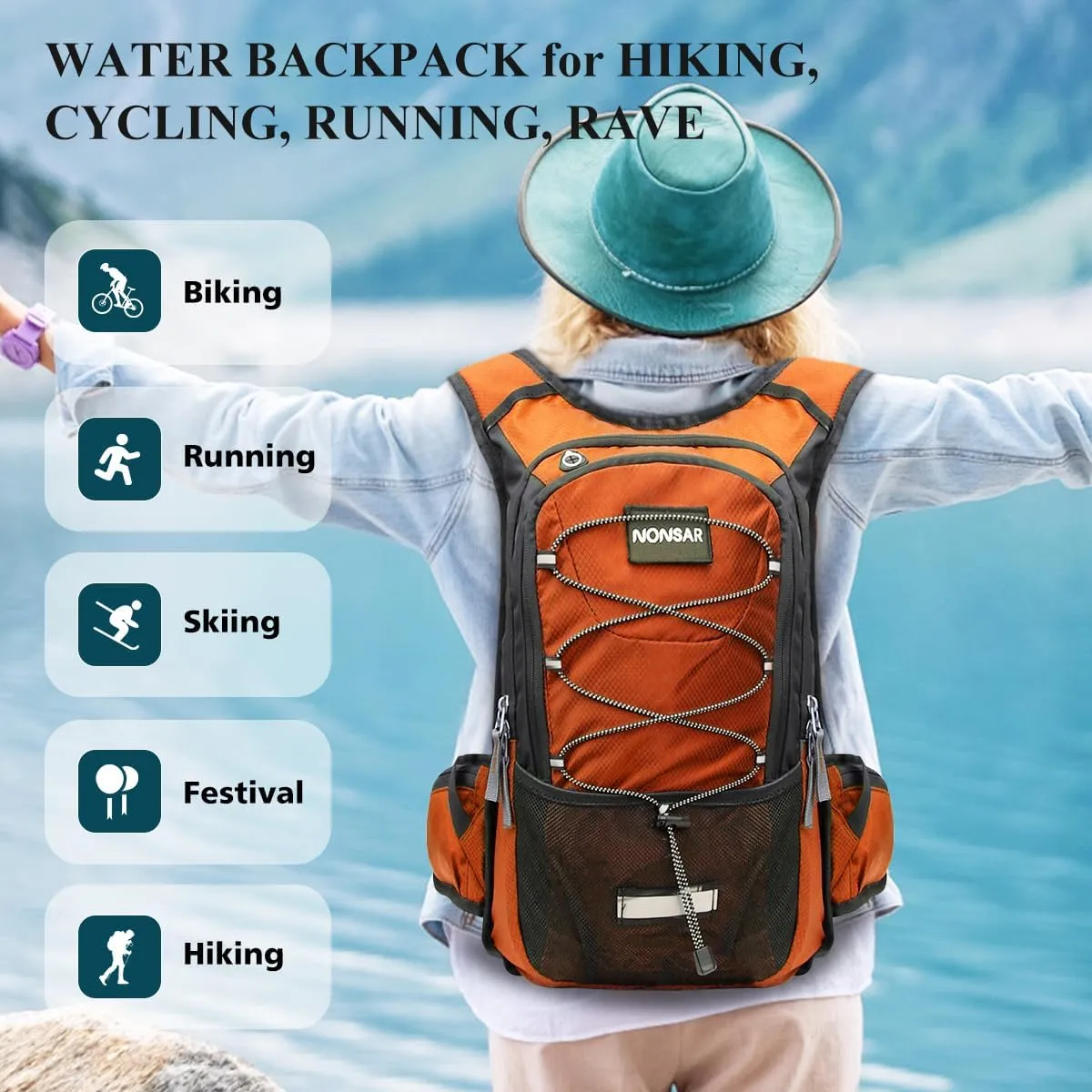 NONSAR Hydration Backpack, Hiking Backpack with 3L Water Bladder, Lightweight Insulation Hydration Pack, Water Backpack for Hiking, Cycling, Running, Festival, Camping for Men Women