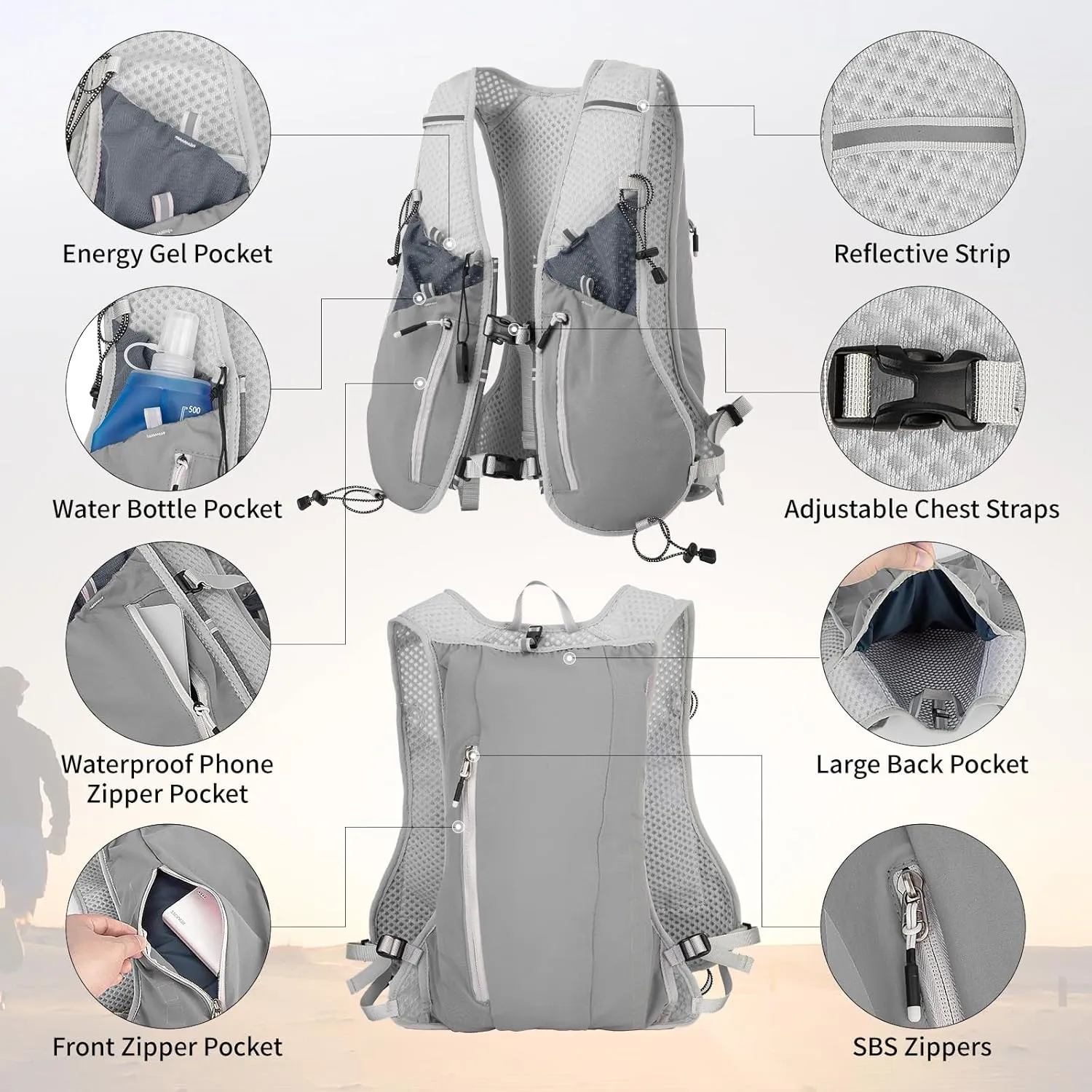 NONSAR Running Vest Backpack 7L, Running Vest for Men Women, Lightweight Pack with 500ml Soft Flask, Adjustable Chest Straps and Reflective Running Hydration Vest for Running Hiking Cycling Camping