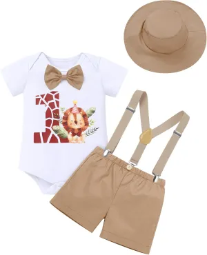 OBEEII First Birthday Outfit Baby Boy Cake Smash Outfit Safari Zookeeper Animal Lion Bow Tie Romper   Suspender Shorts   Hat