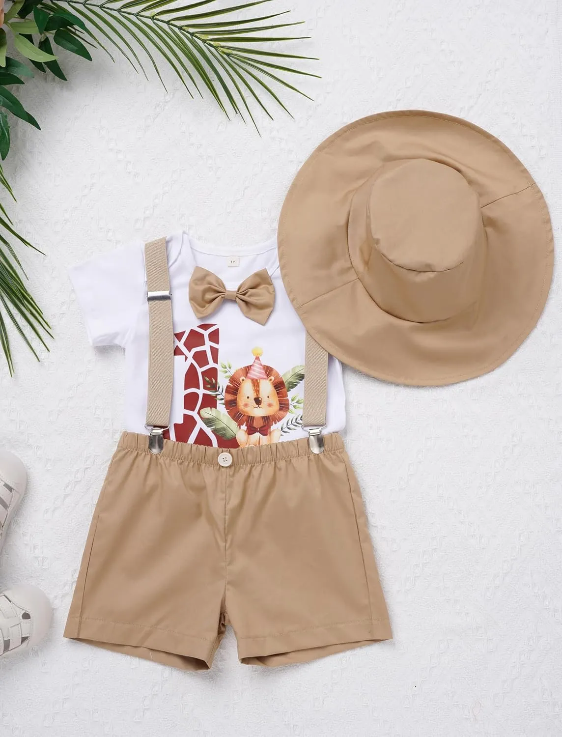 OBEEII First Birthday Outfit Baby Boy Cake Smash Outfit Safari Zookeeper Animal Lion Bow Tie Romper   Suspender Shorts   Hat