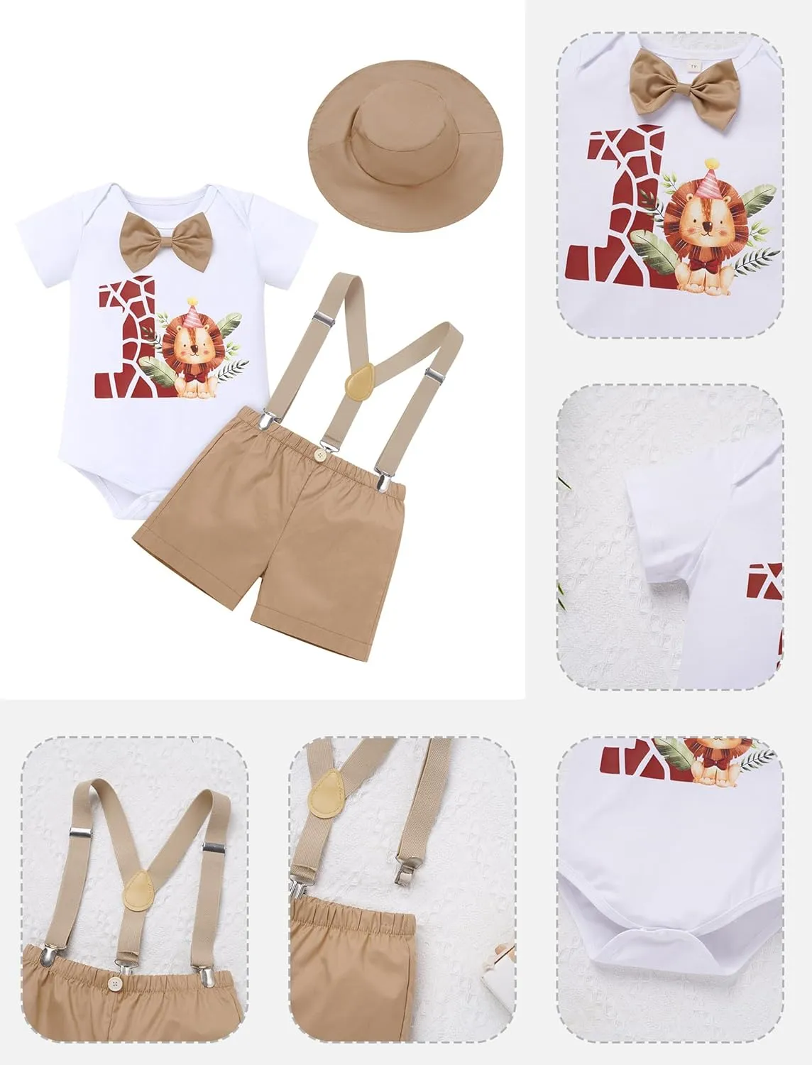 OBEEII First Birthday Outfit Baby Boy Cake Smash Outfit Safari Zookeeper Animal Lion Bow Tie Romper   Suspender Shorts   Hat